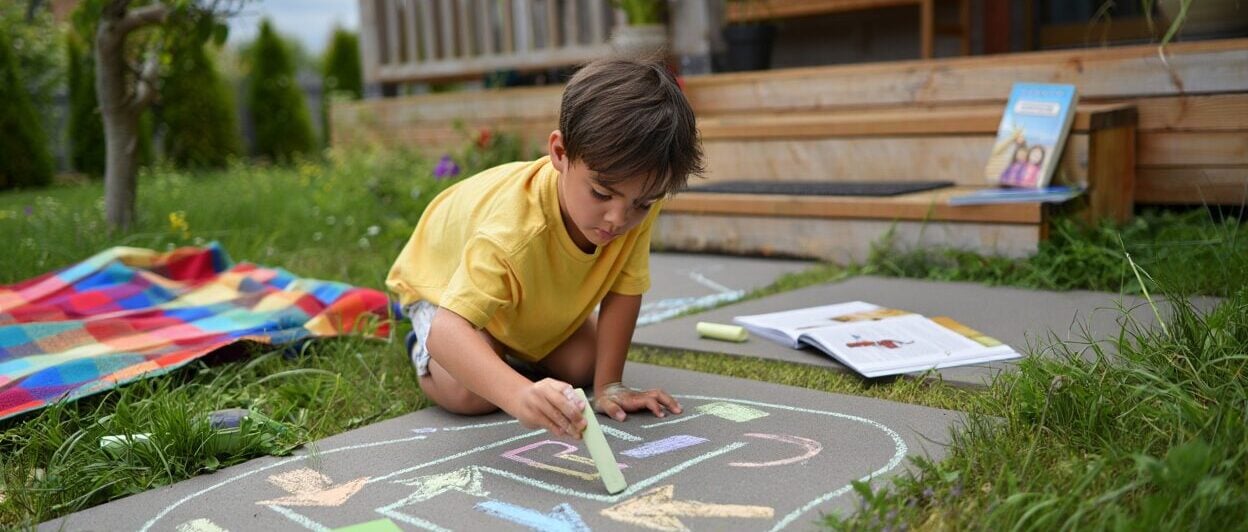 Child drawing with chalk on a path outdoors.