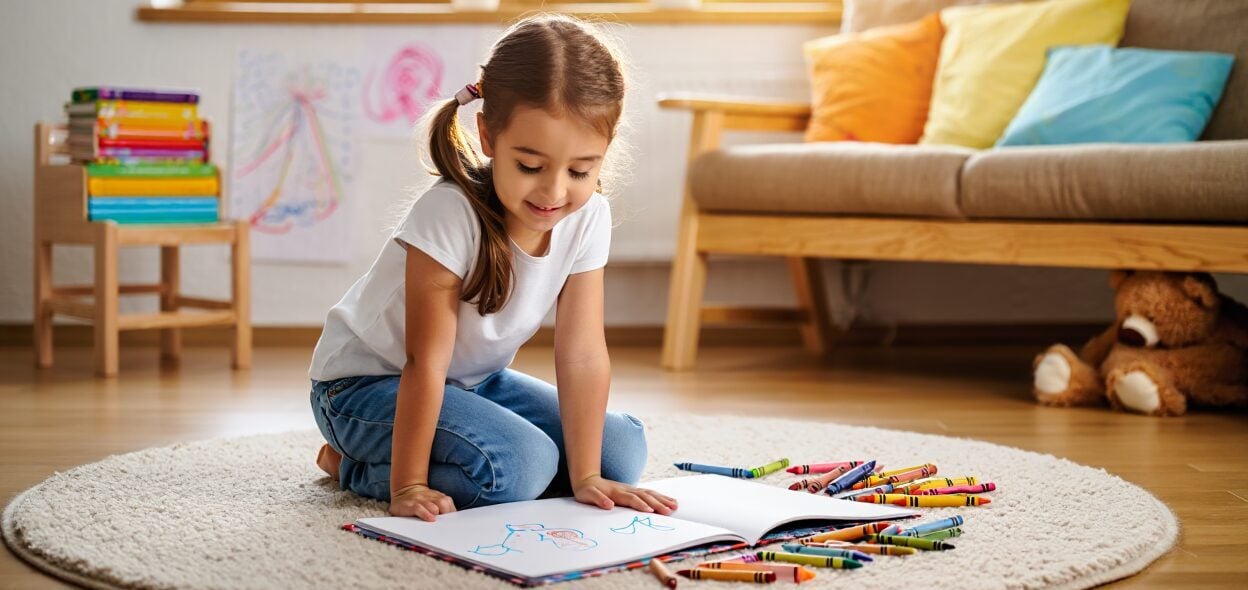Child drawing in a sketchbook with crayons on a rug.