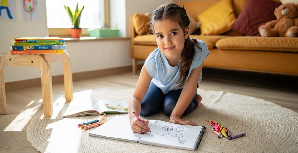 Child drawing in a sketchbook on the floor with crayons nearby.